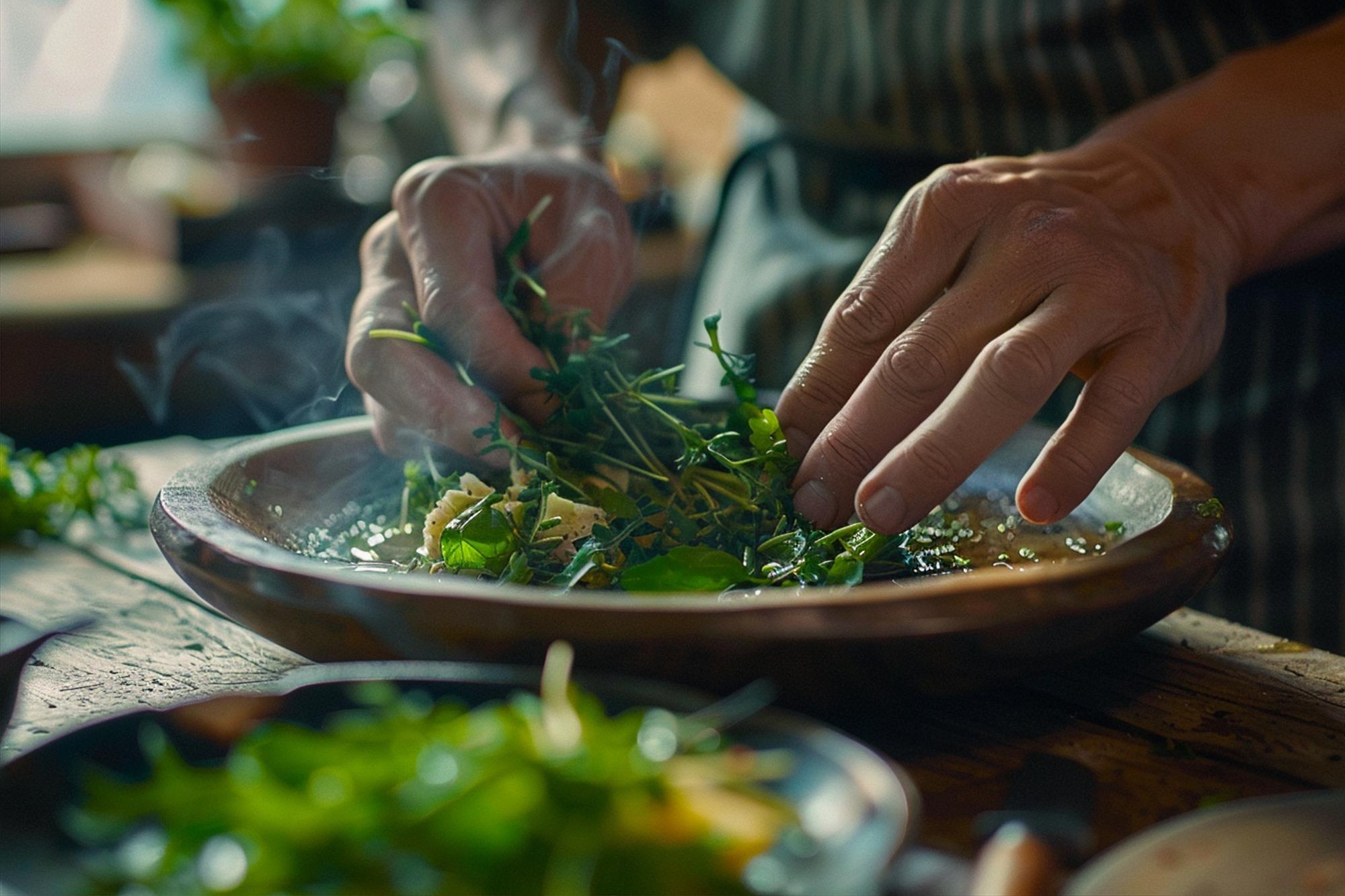 Close-up on herbs and plated garnish