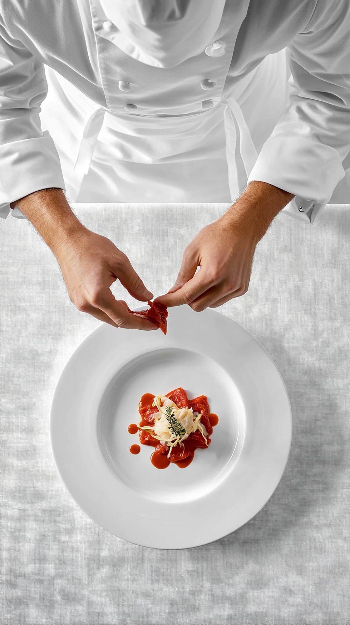 Chef plating a refined dish in luxury kitchen